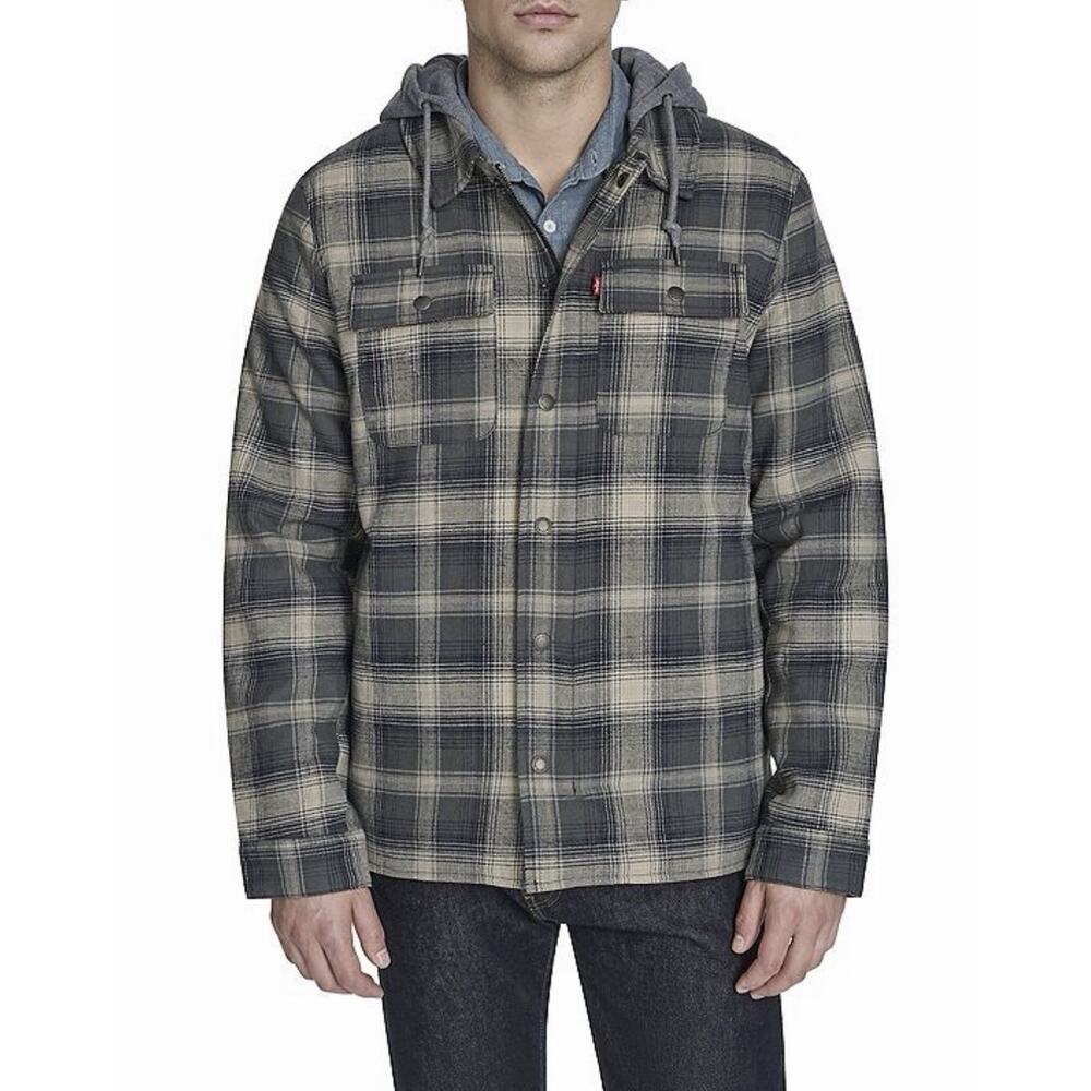 Levi's Sherpa Lined Flannel Hooded Snap Shacket Adult XL Blue Gray Plaid NWT